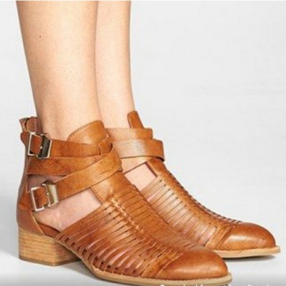 Jeffrey Campbell Stinson Natural Tan Distressed Leather Cutout Ankle Booties